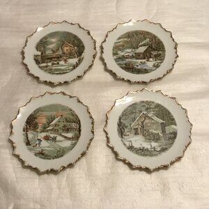 Vintage set of 4 Currier & Ives gold rimmed porcelain plates